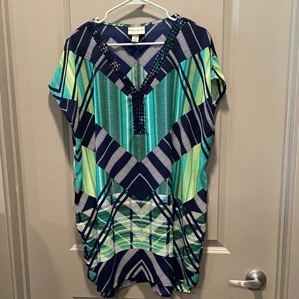 Ava Viv Geometric Tunic 2X Navy Teal Swim Coverup Beach Top